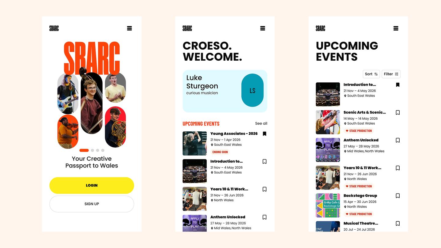 3 screenshots of the Sbarc app, the welcome page, homepage and events page.
